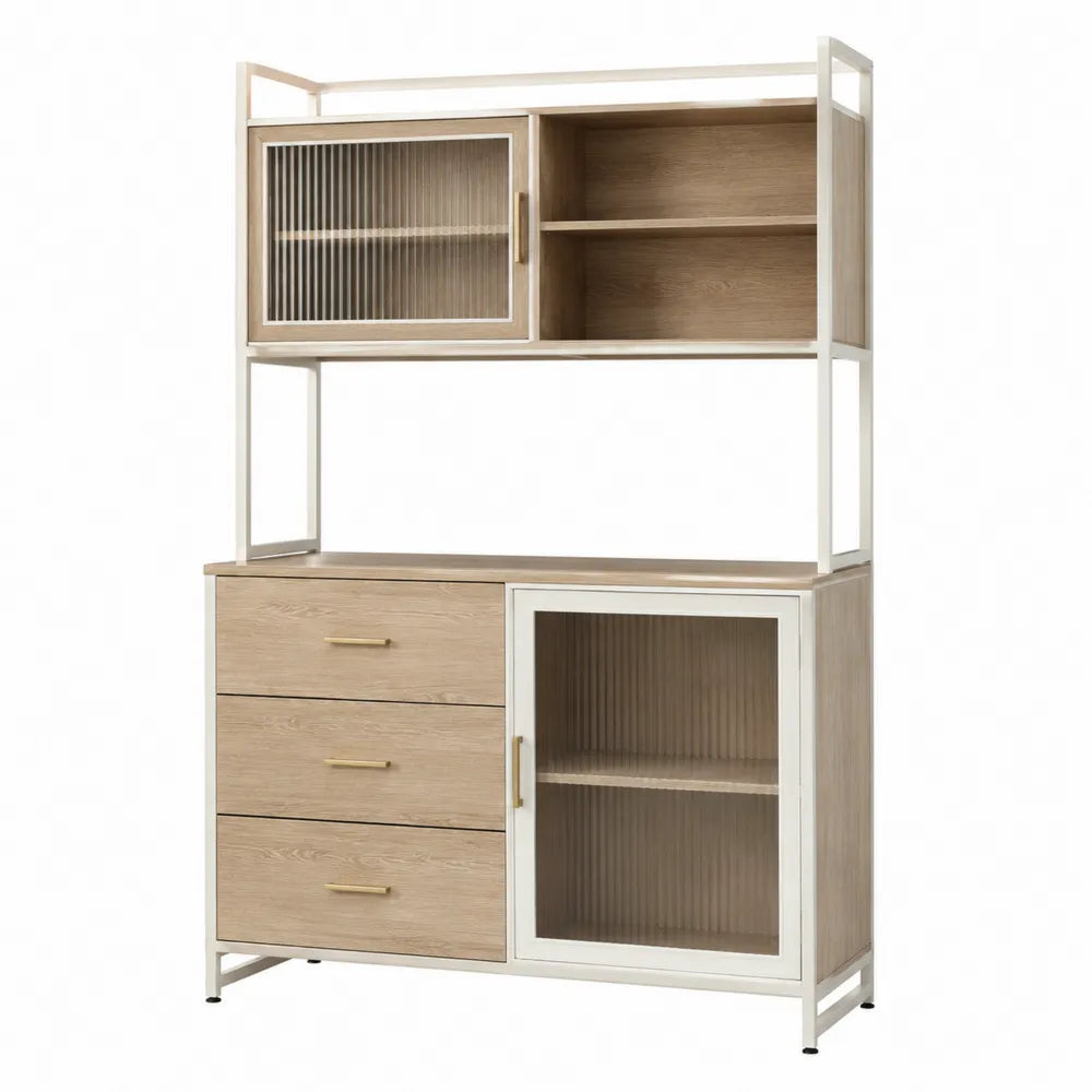 Buffet vaisselier 100 x 40 x 180 cm en MDF décor chêne clair cadre acier ivoire portes vitrées cannelées et rangements