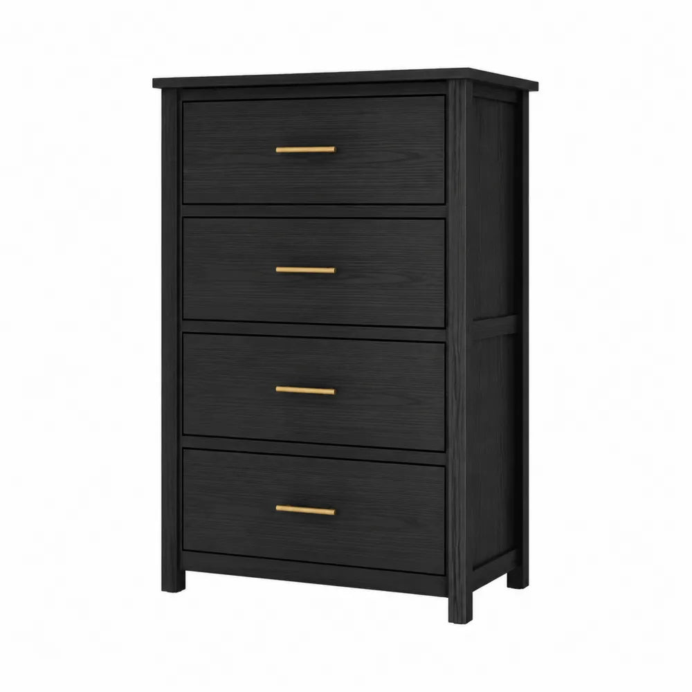 Commode rectangulaire 4 tiroirs 80 x 40 x 105 cm panneaux de particules mélaminés noir effet bois et poignées dorées