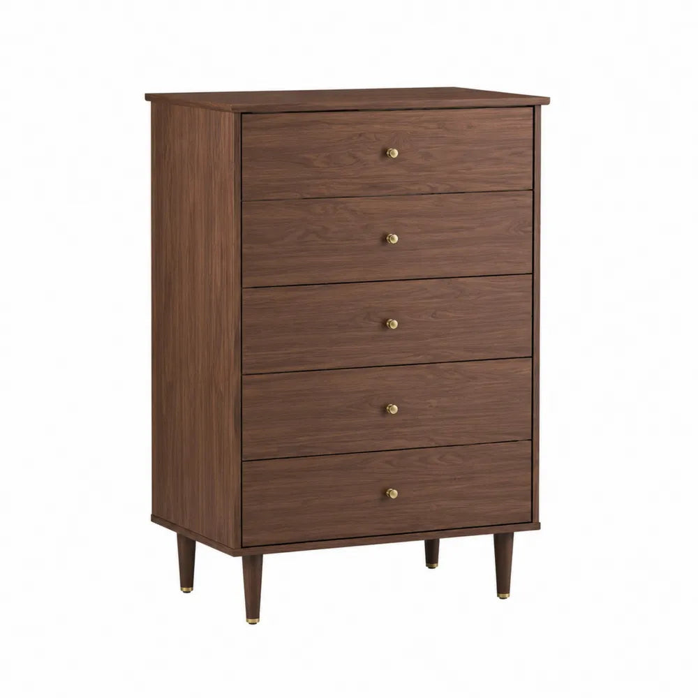 Commode de chambre rectangulaire 80 x 40 x 115 cm à 5 tiroirs en panneau mélaminé décor noyer brun et pieds en bois massif