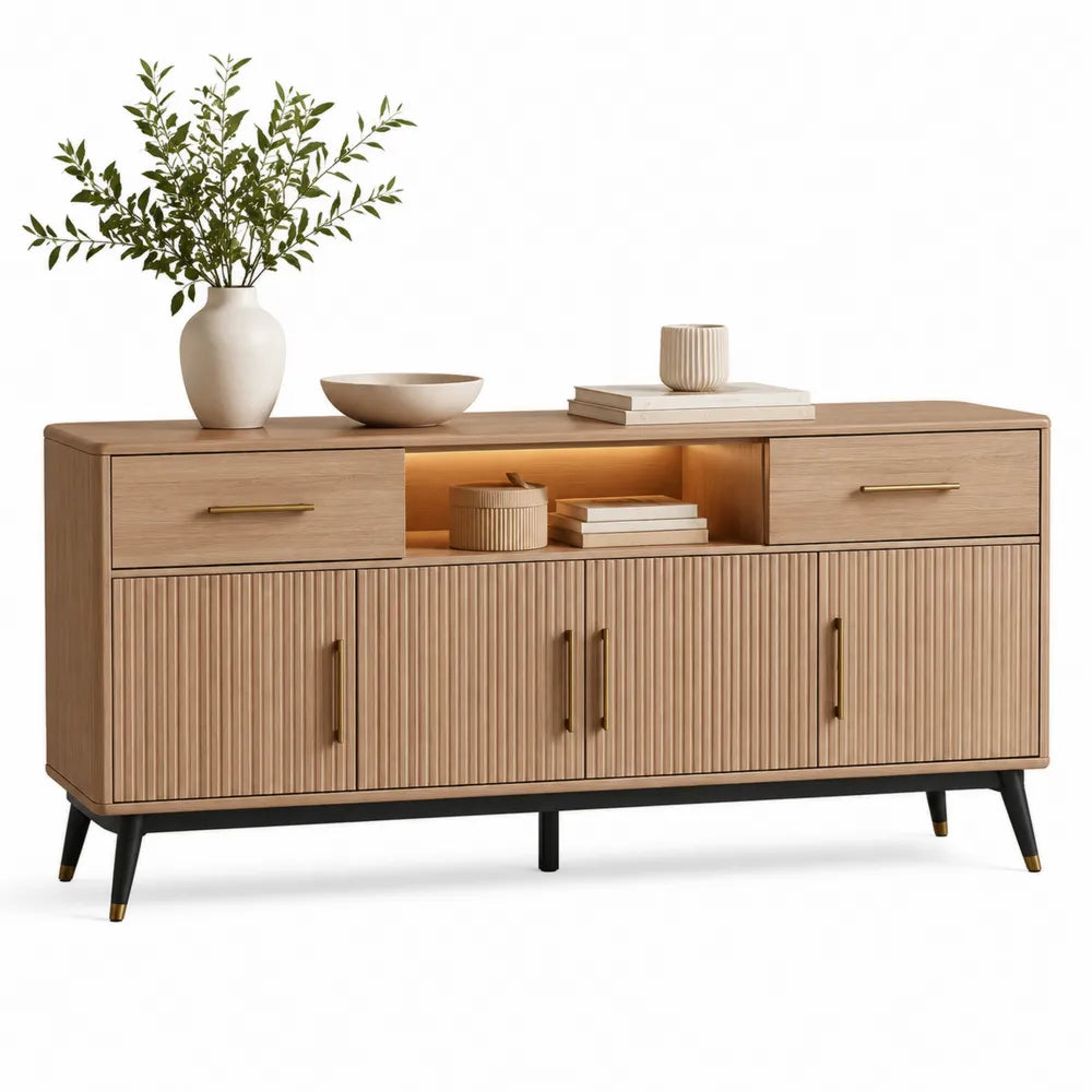 Buffet de salle à manger 160 x 40 x 80 cm MDF décor chêne clair avec niche LED portes rainurées et poignées dorées