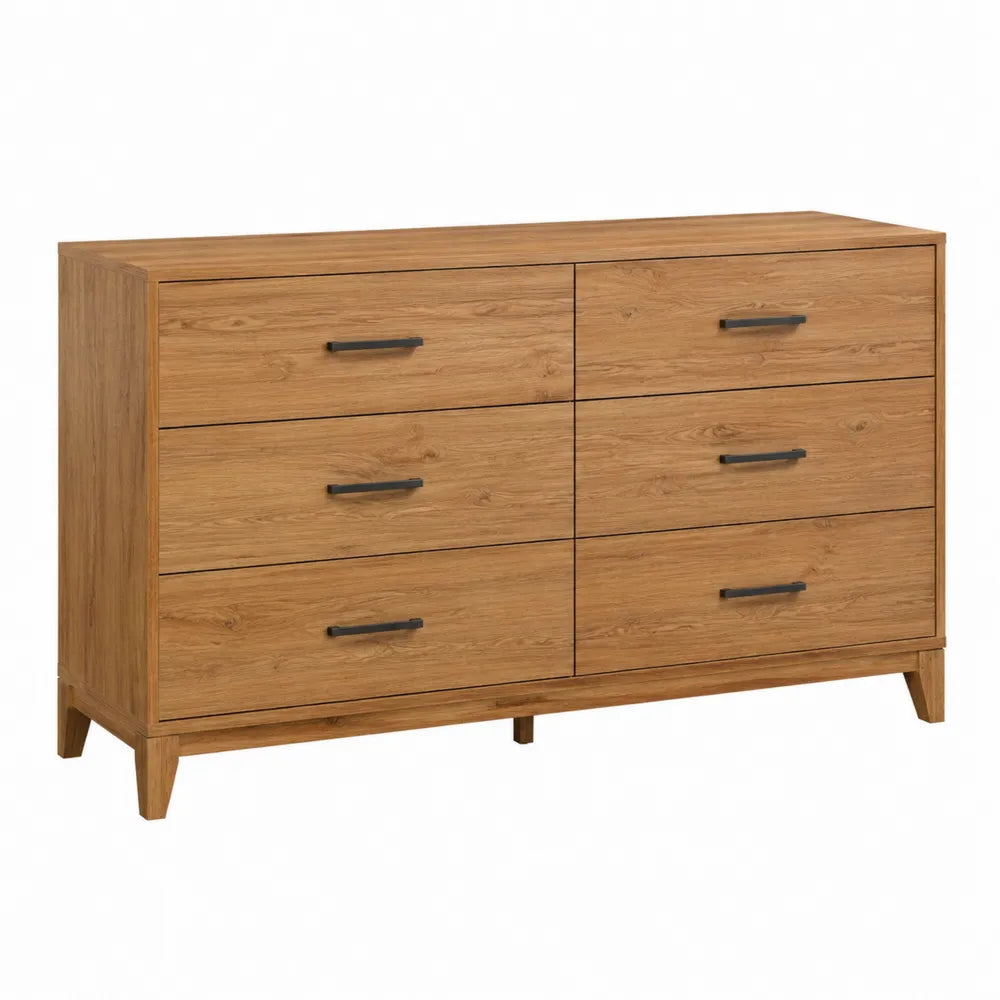 Commode 6 tiroirs 140 cm x 42 cm x 80 cm panneau de particules effet chêne naturel rectangulaire noir