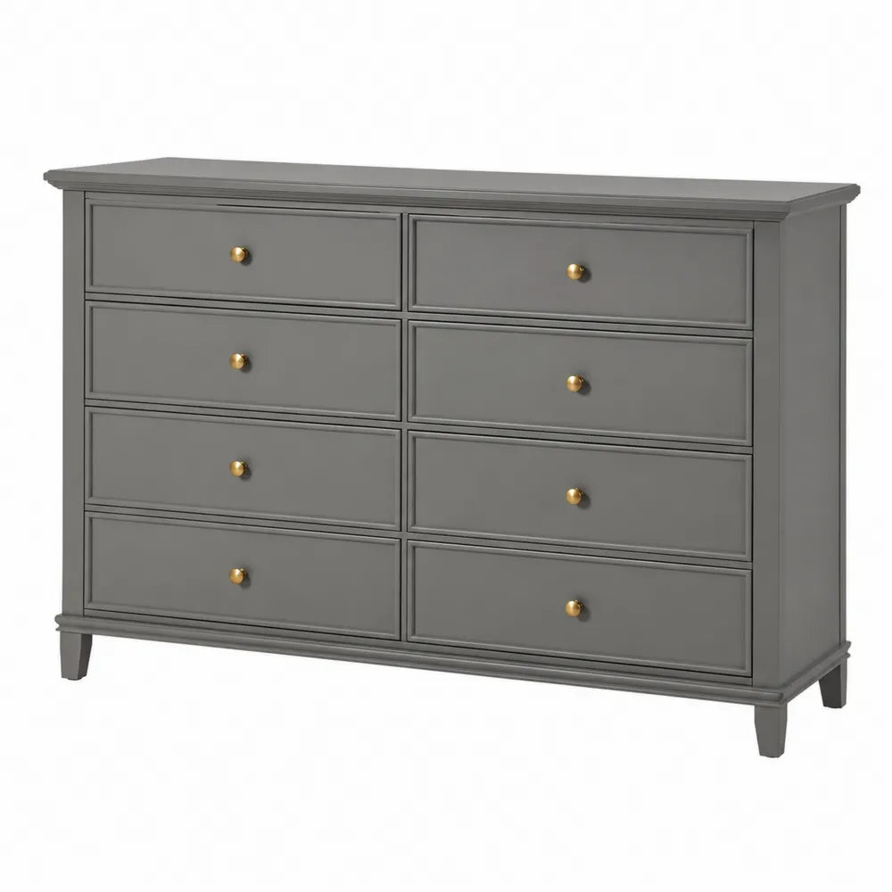 Commode rectangulaire 8 tiroirs 140 x 40 x 85 cm en MDF peint gris et poignées en métal doré