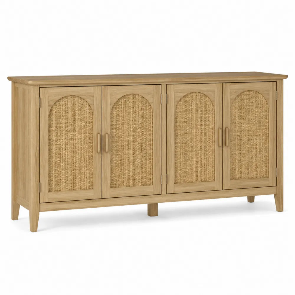 Buffet de rangement 160 x 40 x 80 cm en MDF décor chêne clair avec 4 portes en cannage rotin naturel