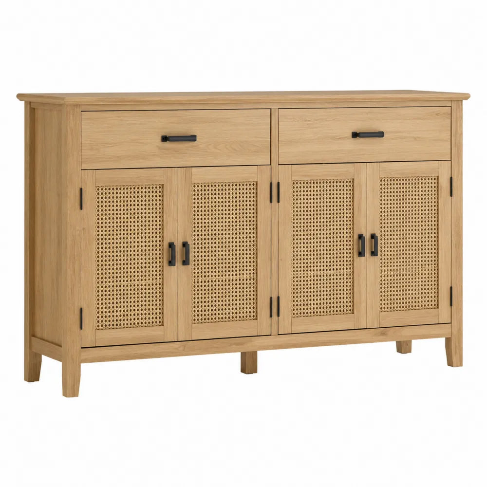Buffet de salle à manger 140 cm x 40 cm x 80 cm MDF cannage rotin naturel 4 portes 2 tiroirs noir et bois clair