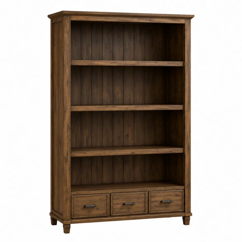 Bibliothèque en bois brun 100 x 38 x 190 cm 4 niveaux ouverts 3 tiroirs structure MDF
