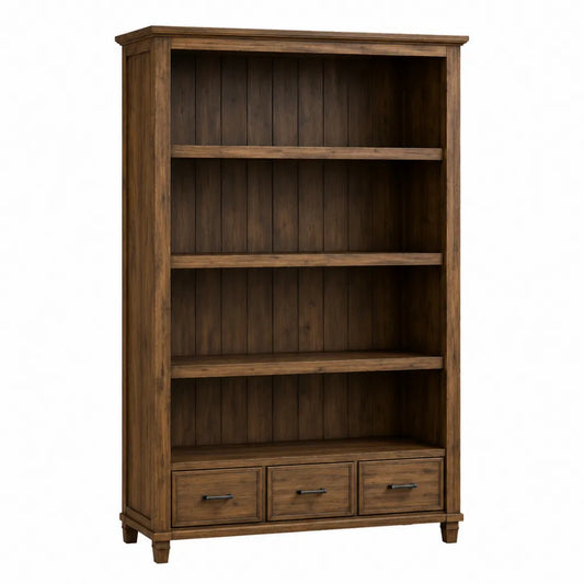 Bibliothèque en bois brun 100 x 38 x 190 cm 4 niveaux ouverts 3 tiroirs structure MDF