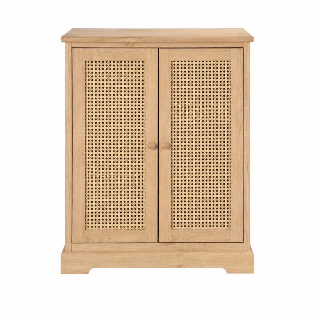 Meuble de rangement 2 portes H90 cm L80 cm P35 cm MDF plaqué chêne cannage rotin chêne clair