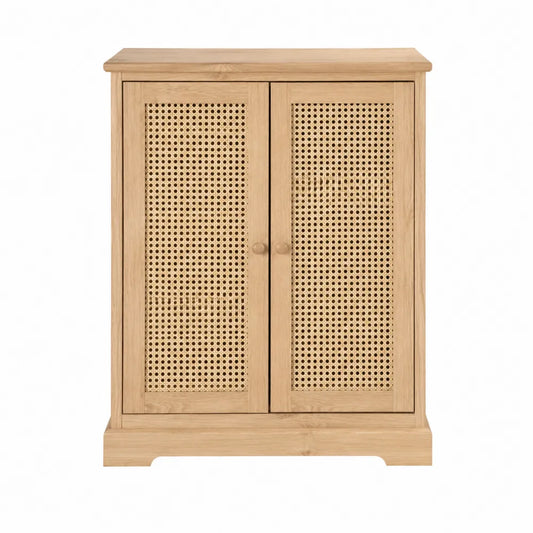 Meuble de rangement 2 portes H90 cm L80 cm P35 cm MDF plaqué chêne cannage rotin chêne clair