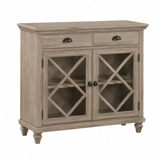 Buffet de rangement 110 x 38 x 90 cm en MDF décor chêne grisé avec portes vitrées croisillons et poignées métal noir