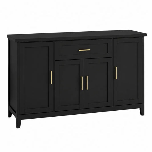 Buffet de salle à manger 140 cm x 40 cm x 80 cm MDF noir mat 4 portes 1 tiroir poignées dorées métal