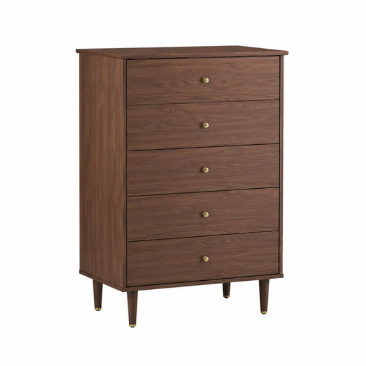 Commode de chambre rectangulaire 80 x 40 x 115 cm à 5 tiroirs en panneau mélaminé décor noyer brun et pieds en bois massif