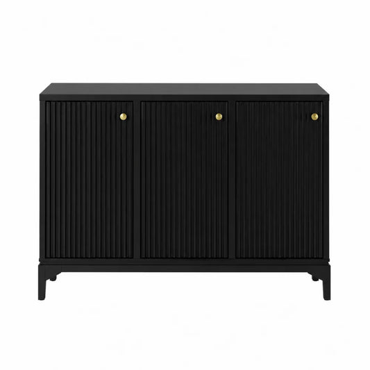Meuble de rangement 3 portes 120 x 40 x 80 cm MDF noir rainuré avec poignées dorées et structure rectangulaire