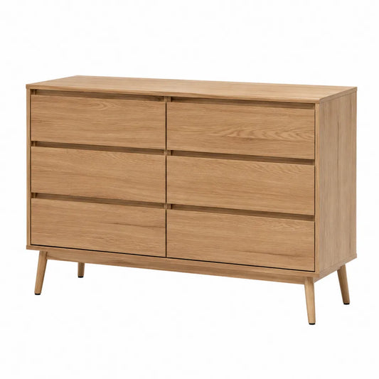 Commode de rangement 120 x 40 x 80 cm en MDF décor bois naturel 6 tiroirs structure bois massif pieds inclinés