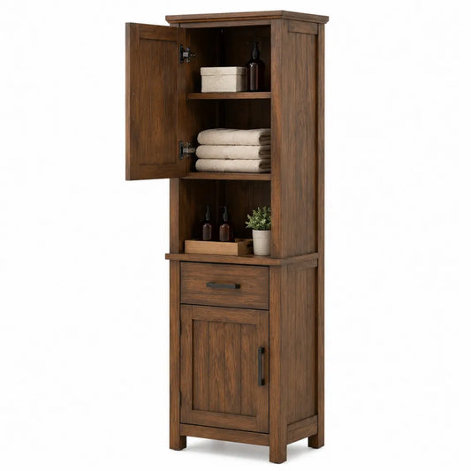 Meuble de rangement colonne 180 x 50 x 38 cm bois décor noyer avec 1 porte 1 tiroir et étagères ouvertes