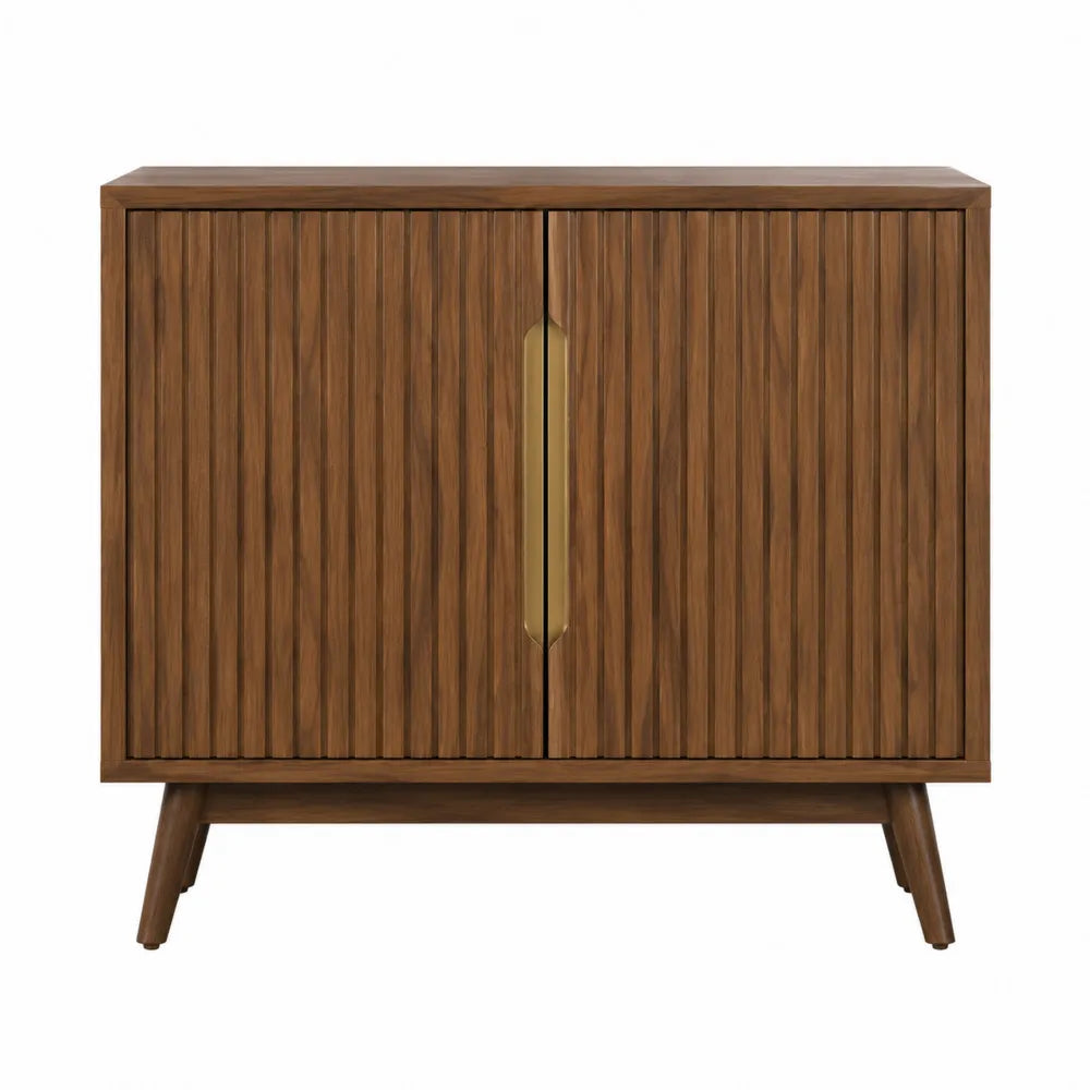 Buffet de rangement 100 x 40 x 80 cm en MDF décor noyer avec portes rainurées et poignées métal doré