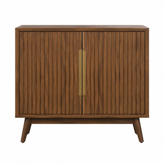 Buffet de rangement 100 x 40 x 80 cm en MDF décor noyer avec portes rainurées et poignées métal doré