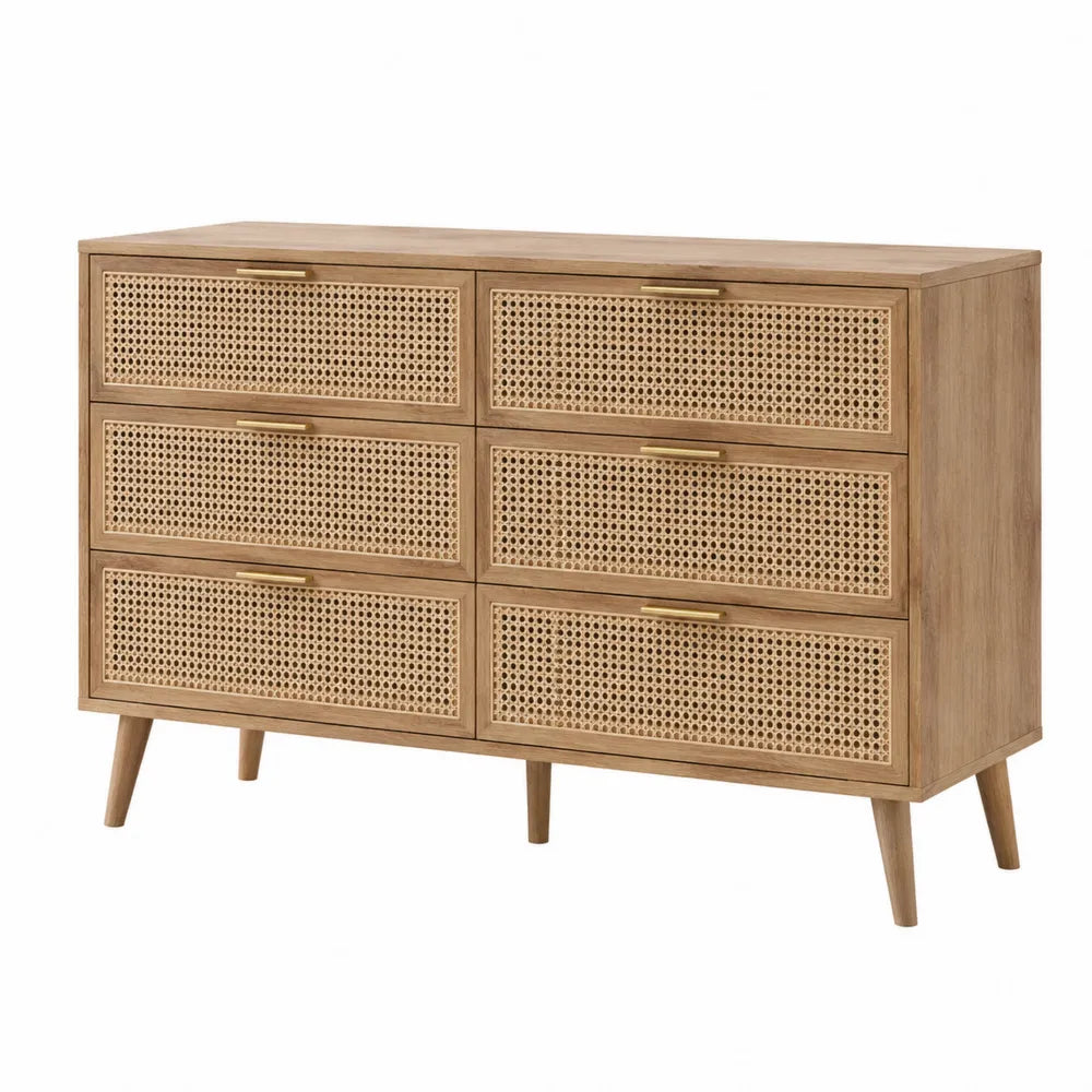 Commode rectangulaire 6 tiroirs 140 x 40 x 80 cm MDF plaqué chêne et cannage rotin naturel avec poignées dorées