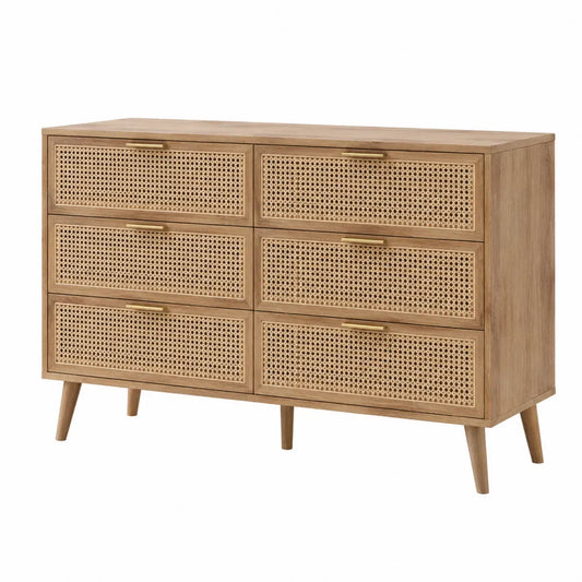 Commode rectangulaire 6 tiroirs 140 x 40 x 80 cm MDF plaqué chêne et cannage rotin naturel avec poignées dorées