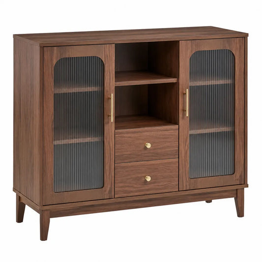 Buffet de salle à manger 140 cm x 40 cm x 80 cm MDF plaqué noyer verre cannelé 2 portes 2 tiroirs niche centrale