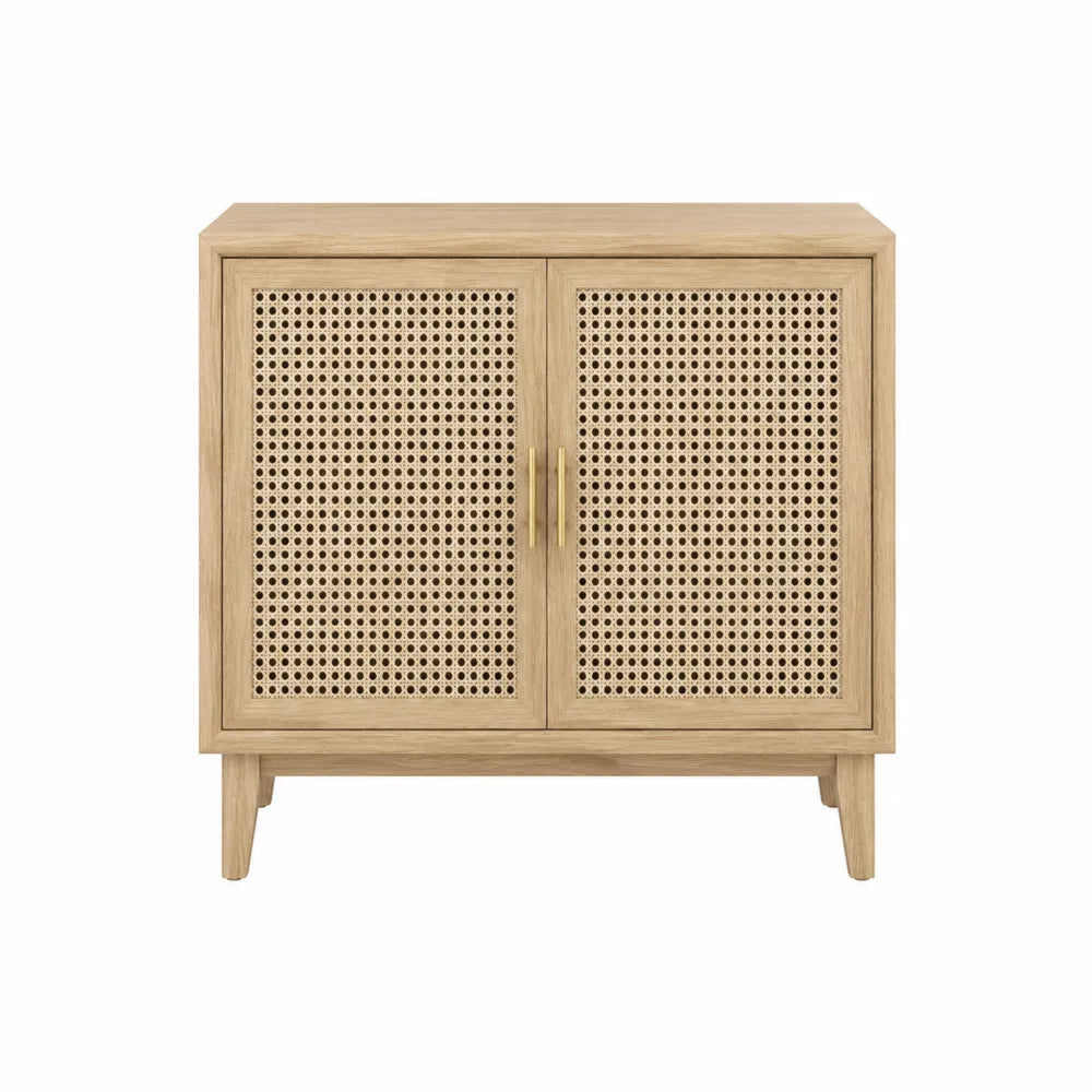 Meuble de rangement 80 x 35 x 75 cm en MDF décor chêne clair avec 2 portes en cannage rotin naturel