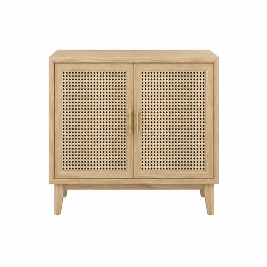 Meuble de rangement 80 x 35 x 75 cm en MDF décor chêne clair avec 2 portes en cannage rotin naturel