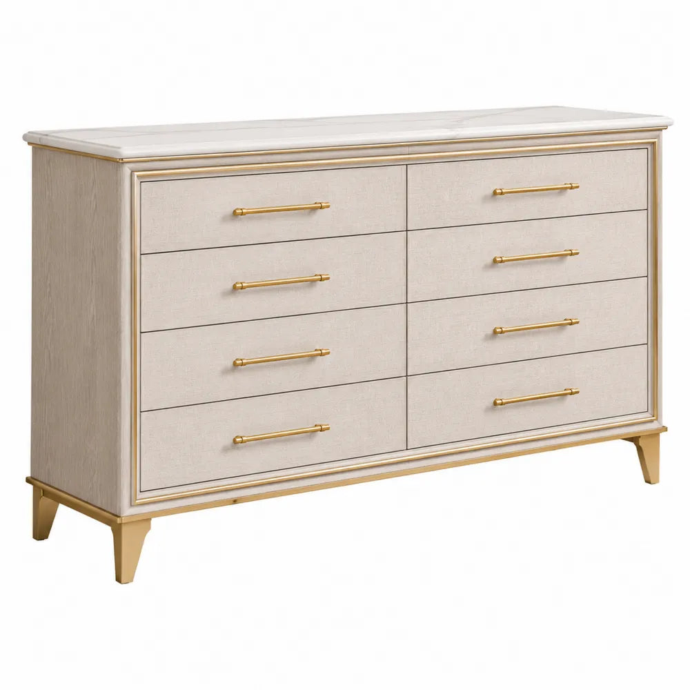 Commode rectangulaire 8 tiroirs 160 x 45 x 82 cm en MDF effet marbre blanc beige et poignées dorées