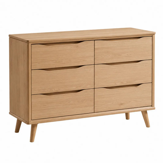 Commode rectangulaire 6 tiroirs 120 x 40 x 78 cm MDF plaqué chêne clair pieds en bois massif