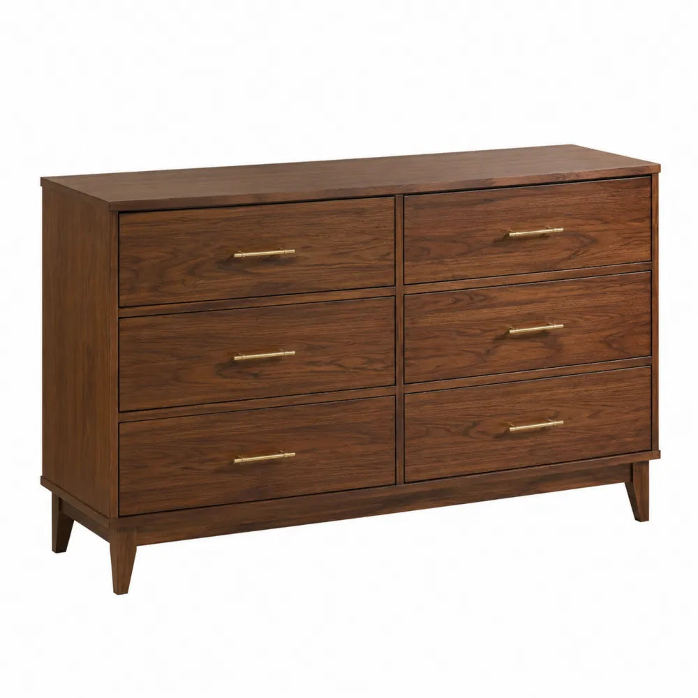 Commode 6 tiroirs 140 cm x 40 cm x 80 cm en MDF plaqué noyer brun pieds en bois massif poignées dorées
