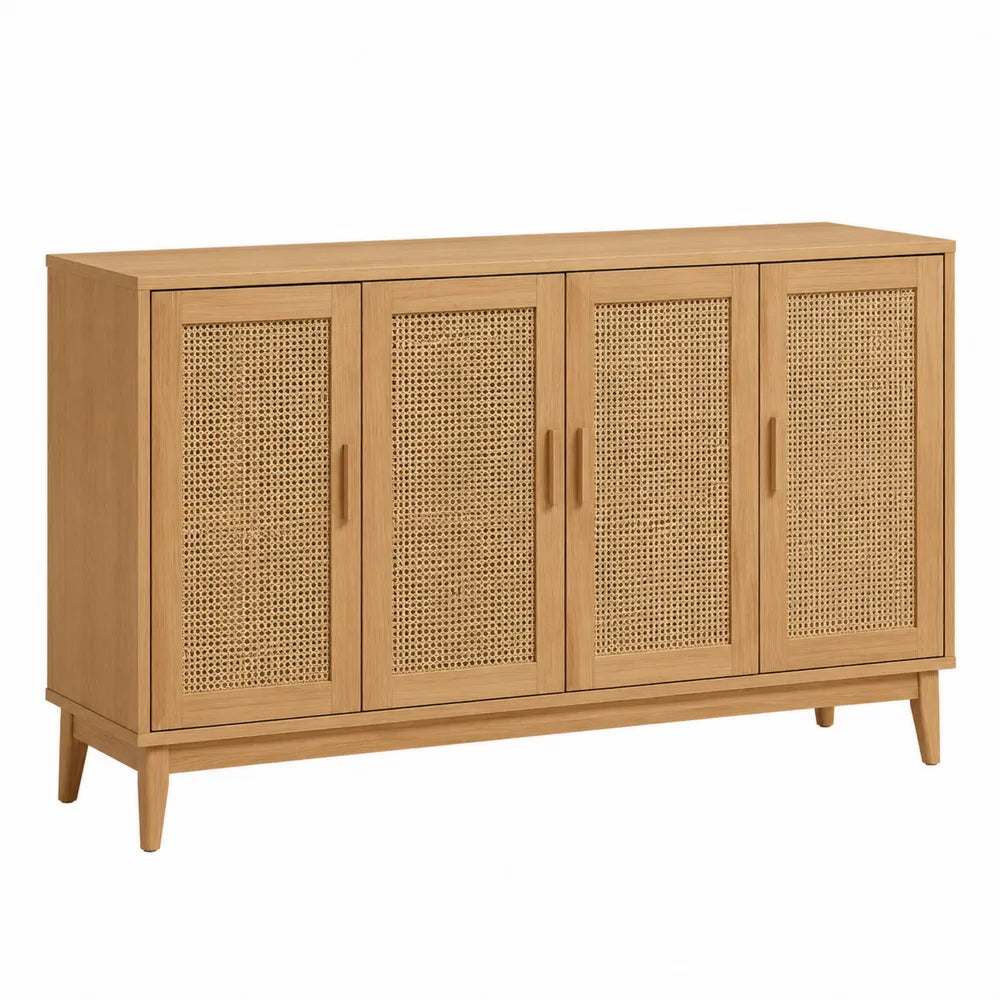 Buffet de salle à manger 140 cm x 40 cm x 80 cm MDF placage chêne clair cannage rotin naturel 4 portes