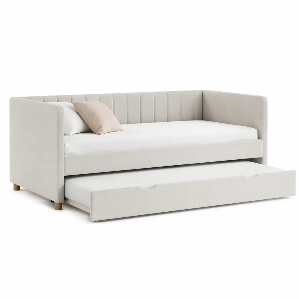 Lit de jour gigogne 205 cm x 98 cm x 86 cm polyester écru structure pin massif contreplaqué beige clair bois naturel