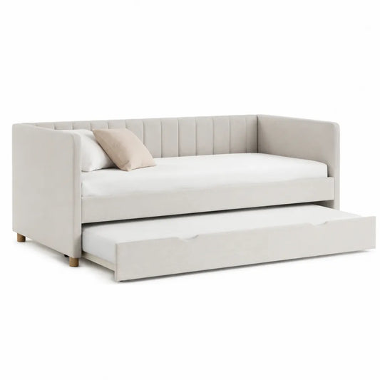 Lit de jour gigogne 205 cm x 98 cm x 86 cm polyester écru structure pin massif contreplaqué beige clair bois naturel