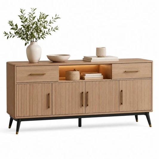 Buffet de salle à manger 160 x 40 x 80 cm MDF décor chêne clair avec niche LED portes rainurées et poignées dorées