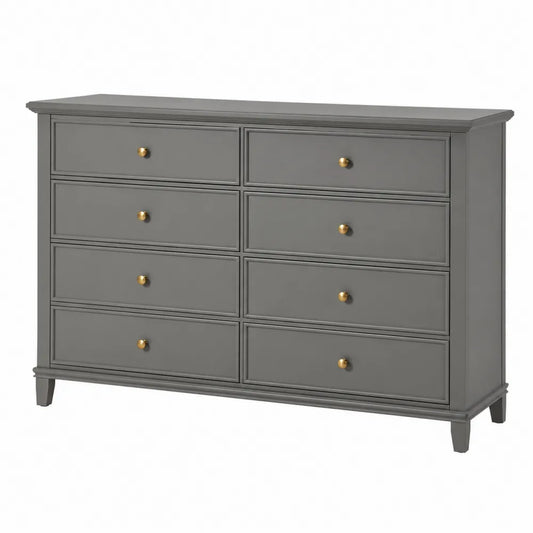 Commode rectangulaire 8 tiroirs 140 x 40 x 85 cm en MDF peint gris et poignées en métal doré