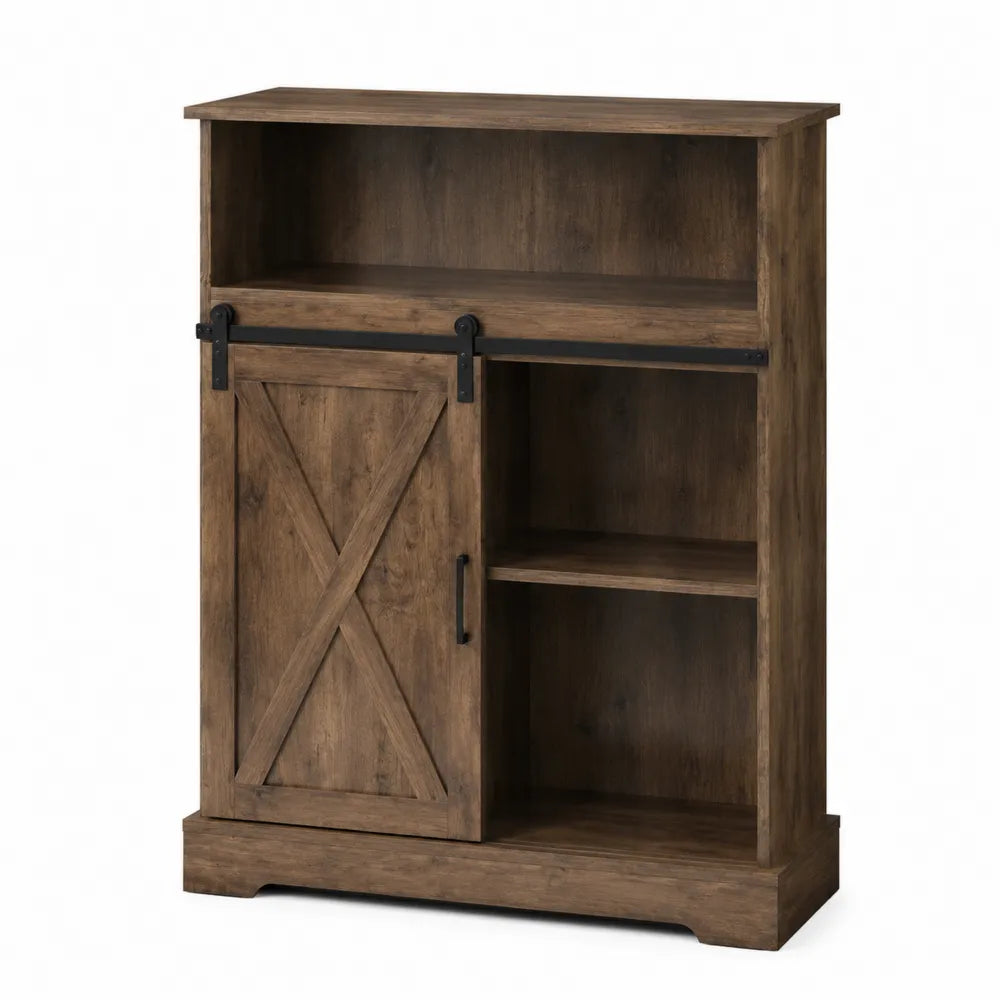 Buffet de cuisine 80 x 35 x 100 cm en MDF décor bois rustique avec porte coulissante style grange et structure métal noir