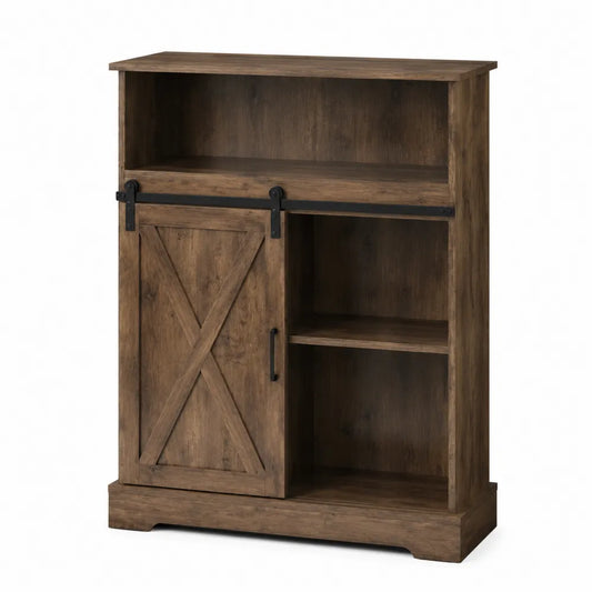 Buffet de cuisine 80 x 35 x 100 cm en MDF décor bois rustique avec porte coulissante style grange et structure métal noir