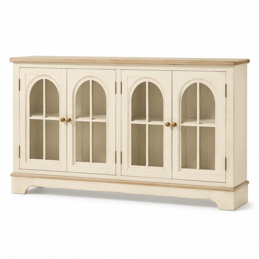 Buffet de salle à manger 160 cm x 40 cm x 80 cm MDF crème portes vitrées arquées 4 portes verre transparent poignées laiton