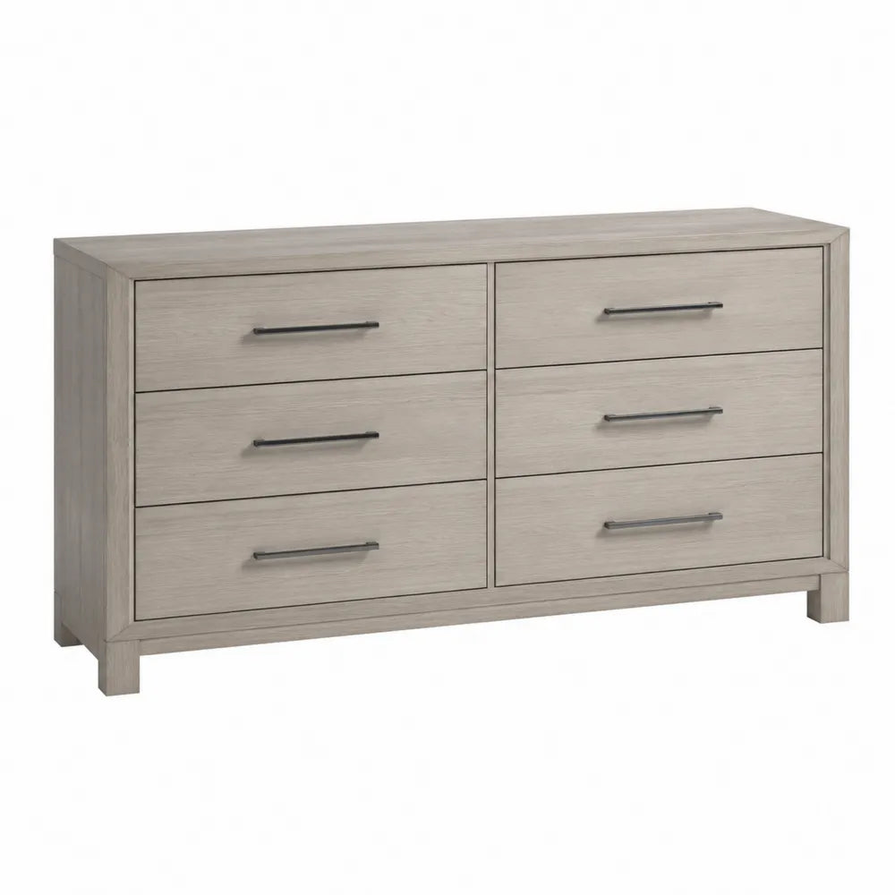 Commode 6 tiroirs 140 cm x 40 cm x 80 cm MDF plaqué chêne gris forme rectangulaire poignées gris anthracite