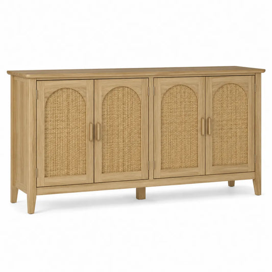 Buffet de rangement 160 x 40 x 80 cm en MDF décor chêne clair avec 4 portes en cannage rotin naturel