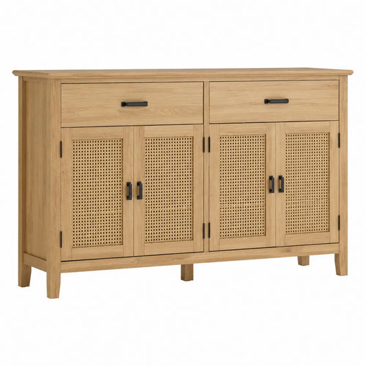 Buffet de salle à manger 140 cm x 40 cm x 80 cm MDF cannage rotin naturel 4 portes 2 tiroirs noir et bois clair