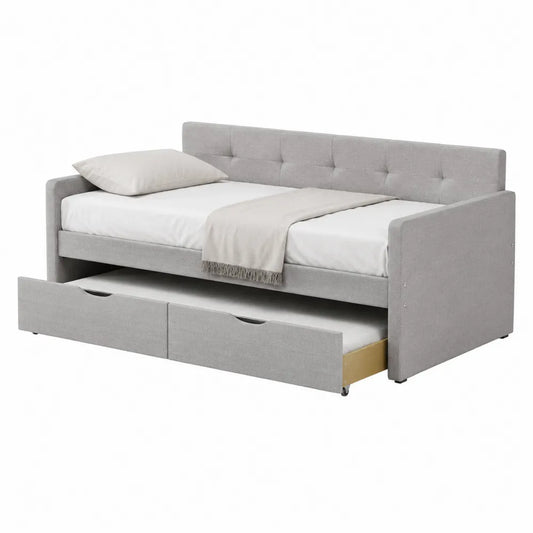Lit de jour gigogne 206 cm x 98 cm x 86 cm polyester gris clair MDF forme rectangulaire avec tiroir inférieur