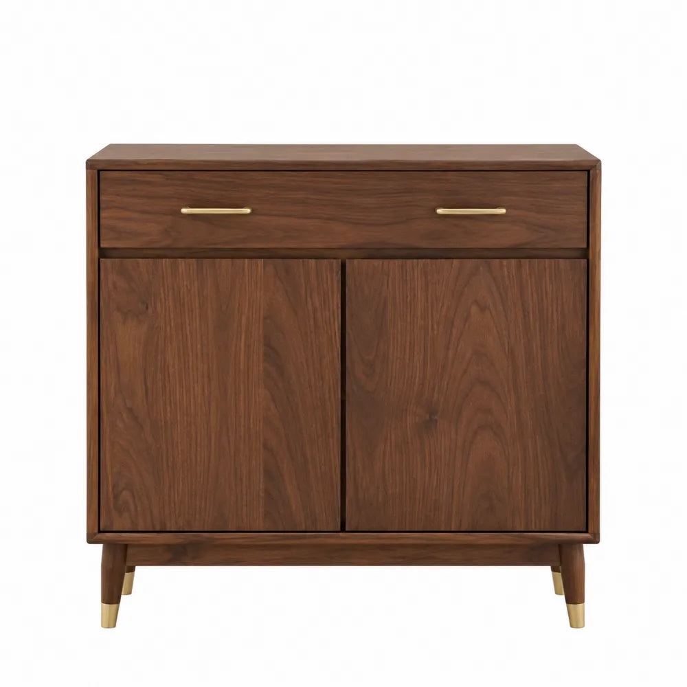 Meuble de rangement 90 x 38 x 85 cm en MDF décor noyer avec 2 portes rainurées 1 tiroir et poignée métal doré